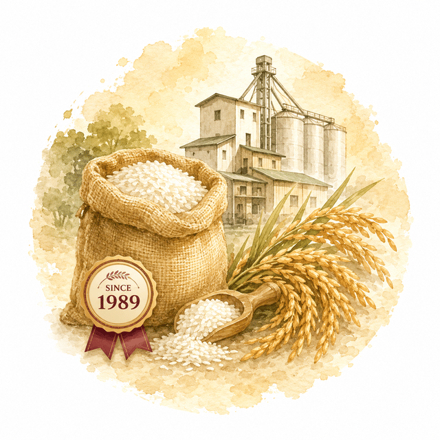 Illustration of a rice mill with a sack of rice and a Since 1989 seal