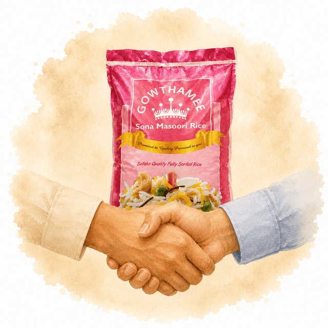 Illustration of a handshake in front of a Gowthamee Sona Masoori rice pack