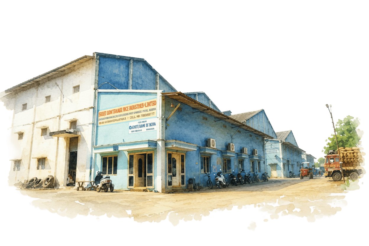 Watercolor illustration of the Gowthamee rice mill in Chelluru