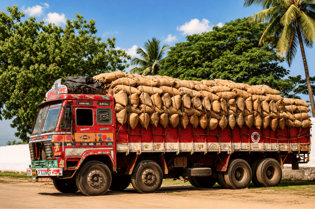 A truck carrying rice for distribution