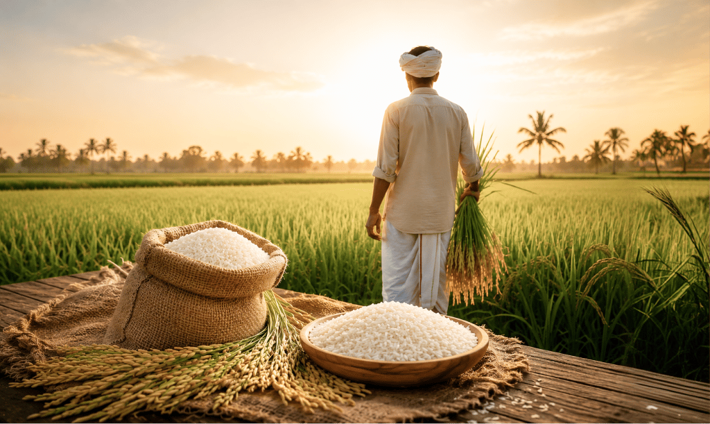 A farmer looking over rice fields with freshly harvested rice