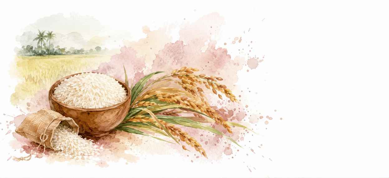Watercolor rice bowl and golden paddy