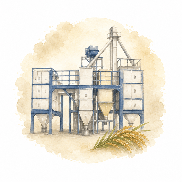 Illustration of automated rice milling machinery