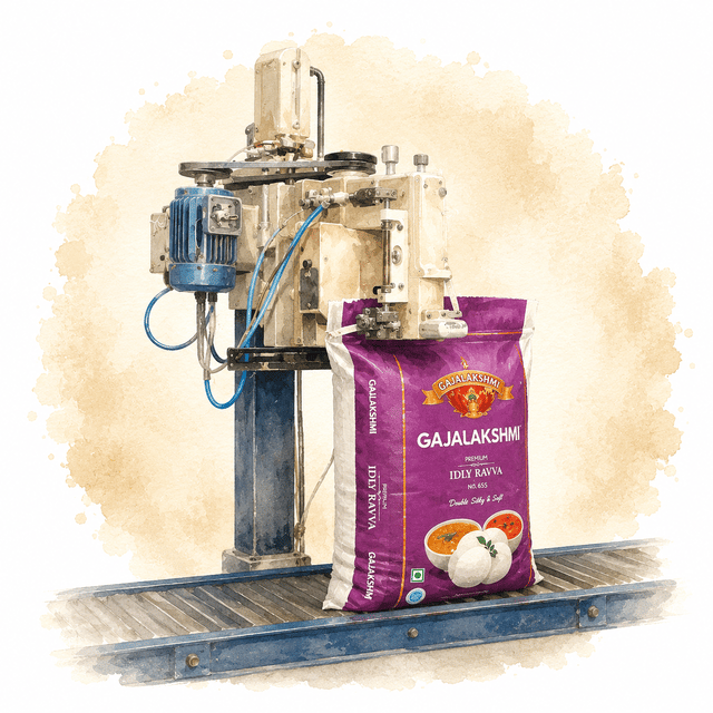 Illustration of a bagging machine filling a retail rice pack