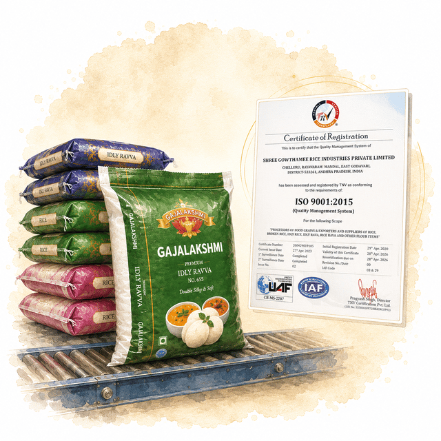 Illustration of rice packs beside an ISO 9001:2015 certificate