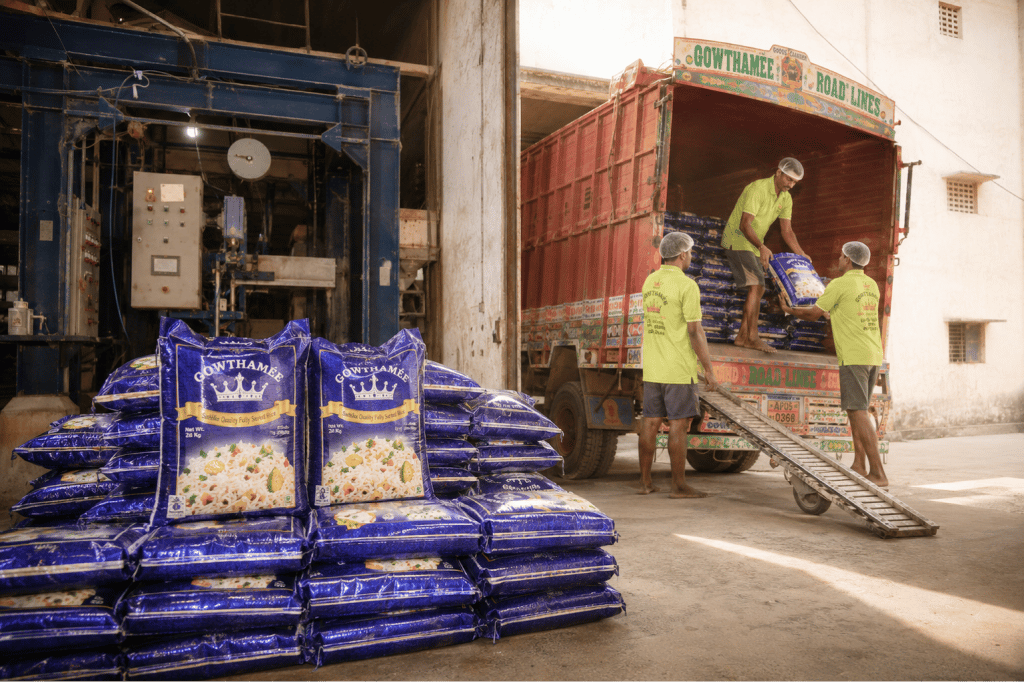 Gowthamee rice being loaded into a delivery truck