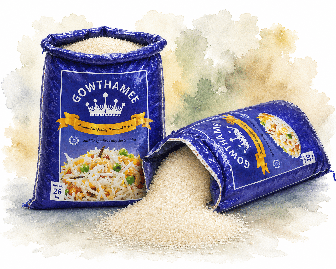 Gowthamee rice bags with rice spilling from an open pack