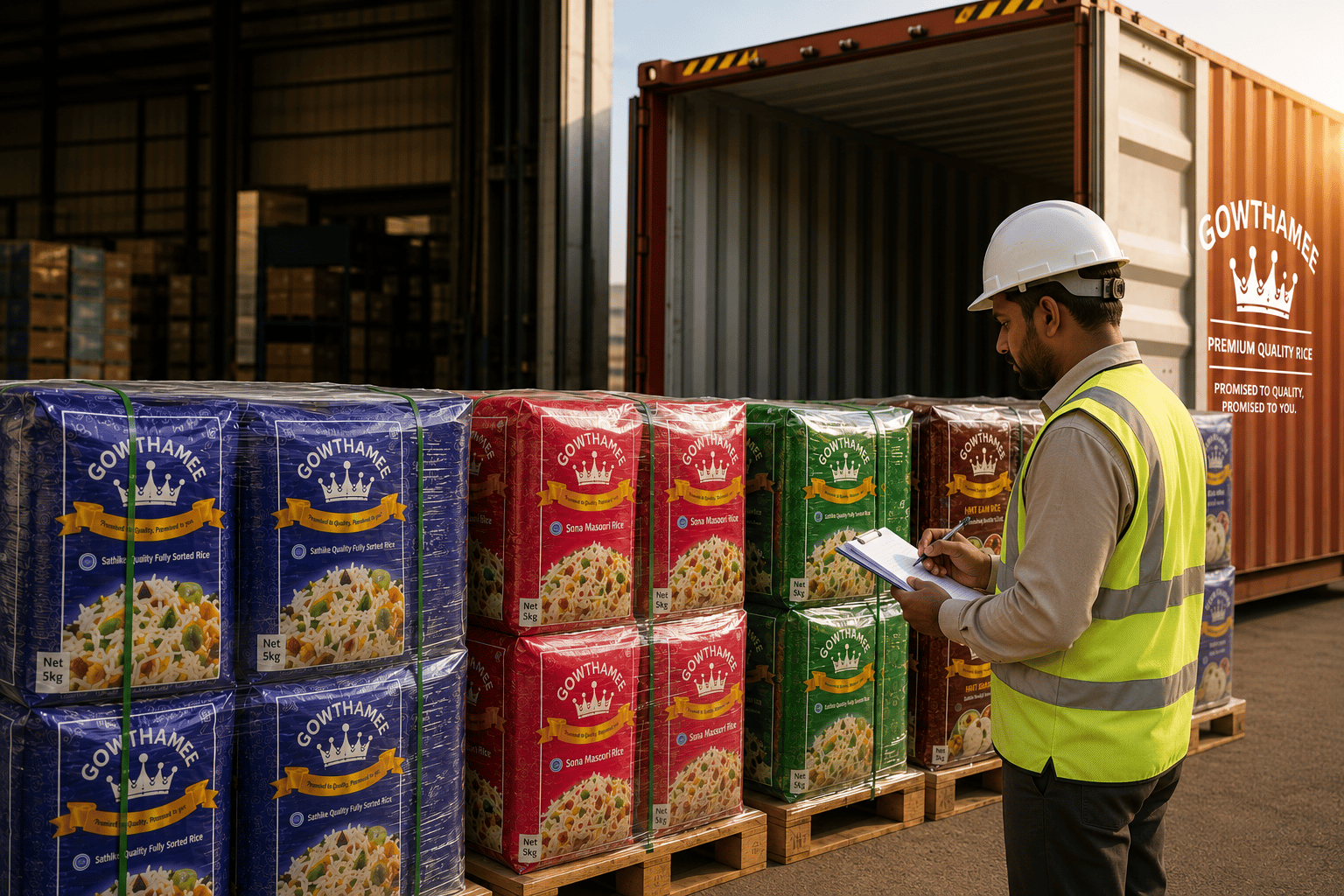 An export worker inspecting Gowthamee rice shipments