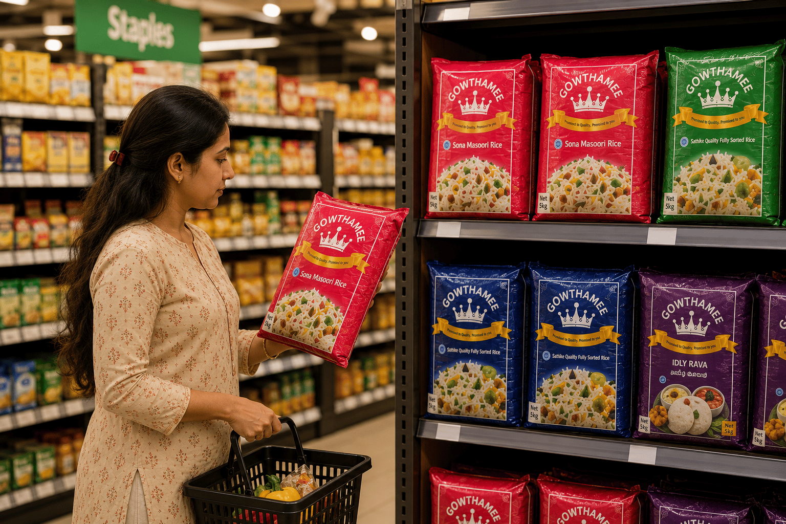 A shopper choosing Gowthamee rice from supermarket shelves