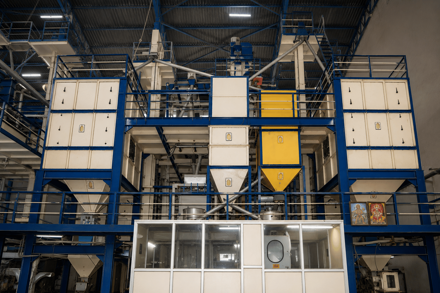 Rice processing machinery inside the Gowthamee mill