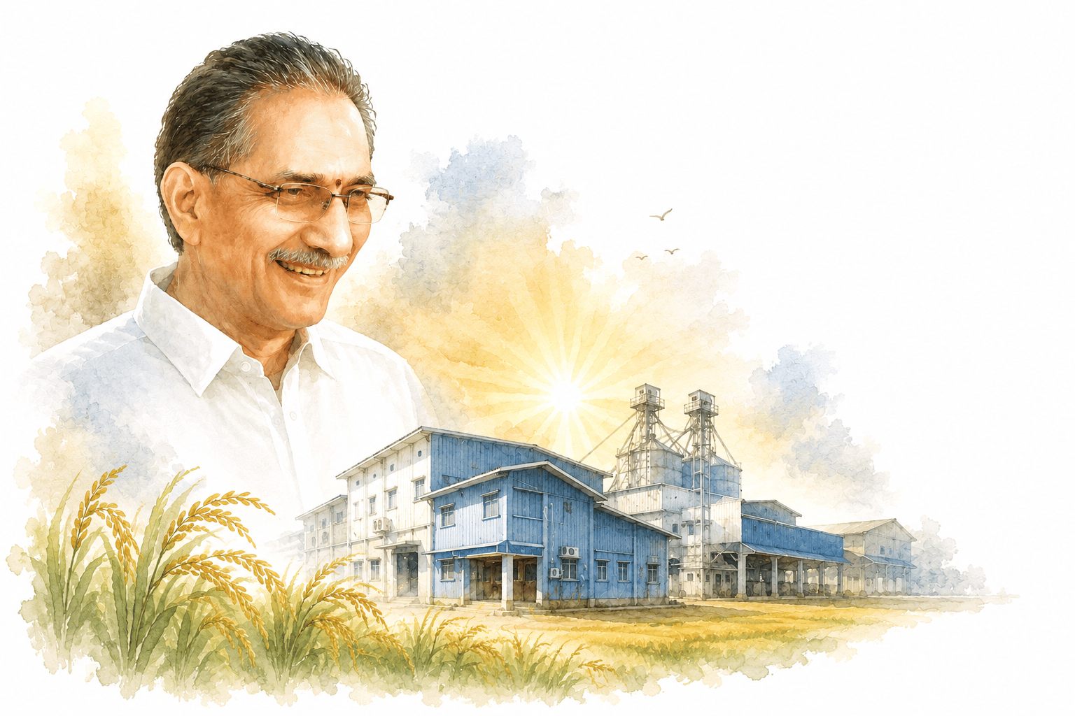 Watercolor portrait beside the Gowthamee rice mill and paddy fields