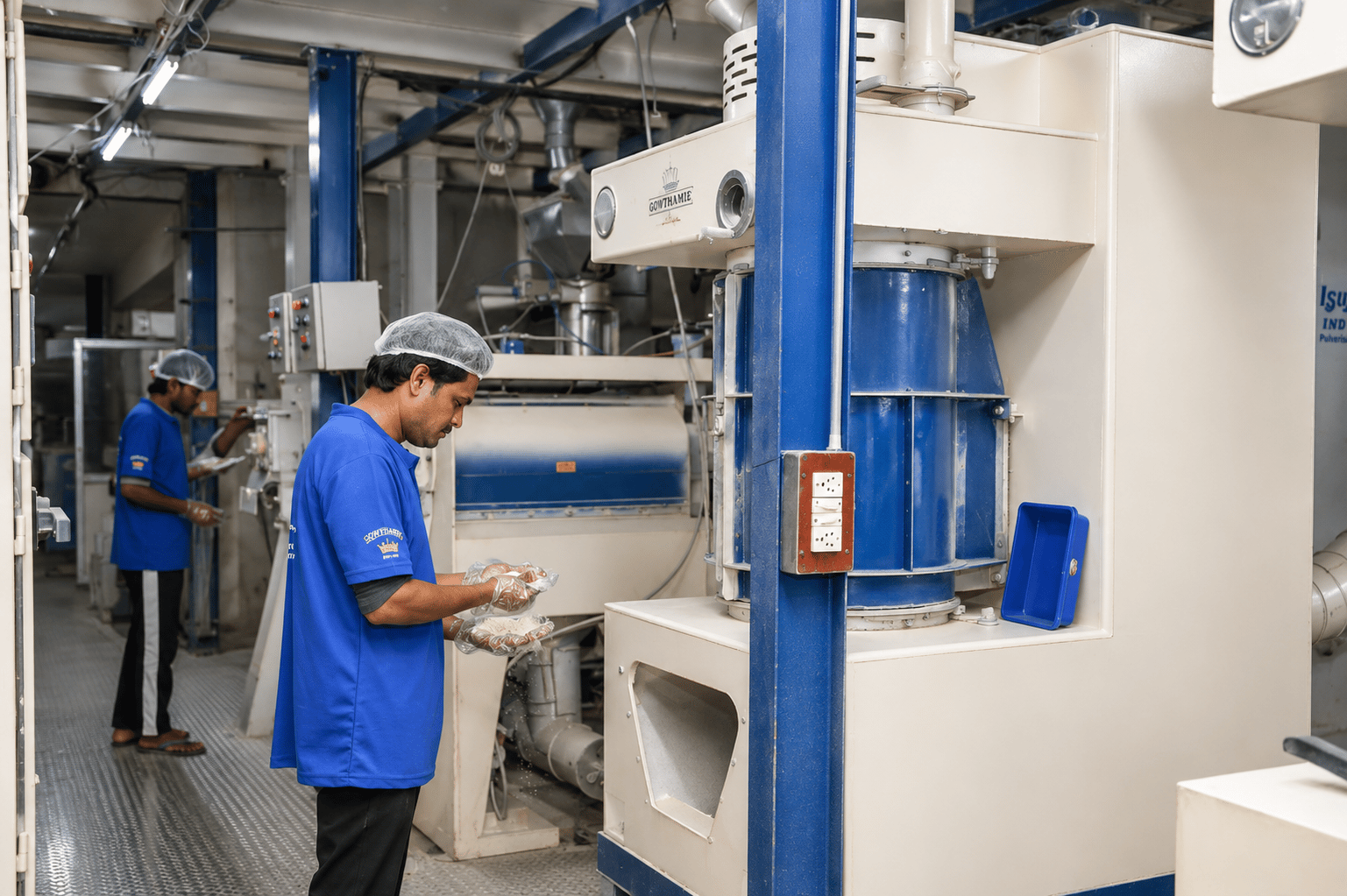 A team member checking rice beside processing machinery