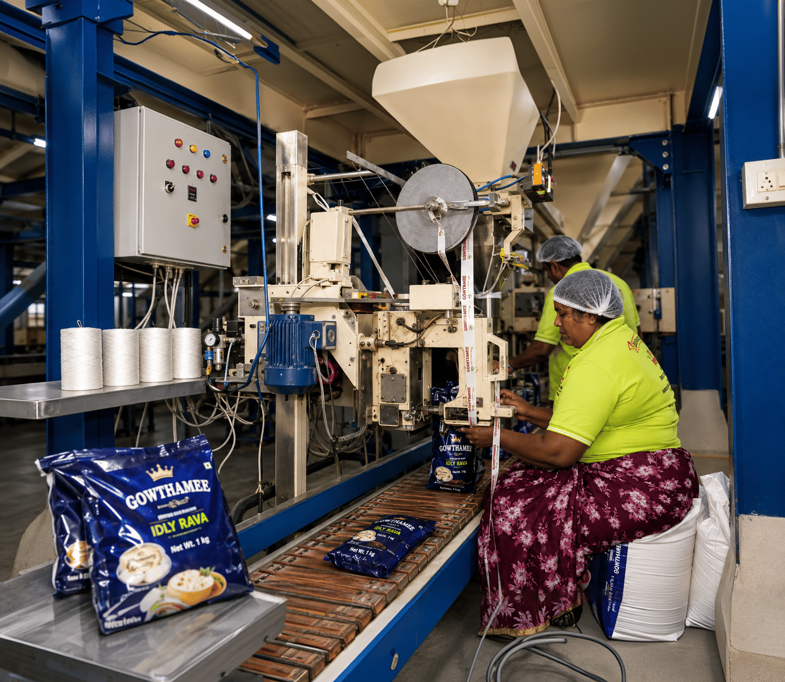 A team member overseeing rice packaging